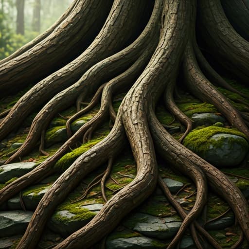 Ancient tree roots gripping moss-covered ground